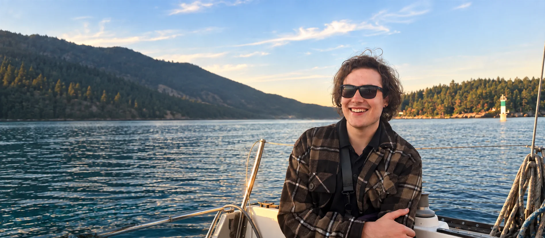Nathan Pannell smiling on a sailboat off Vancouver Island