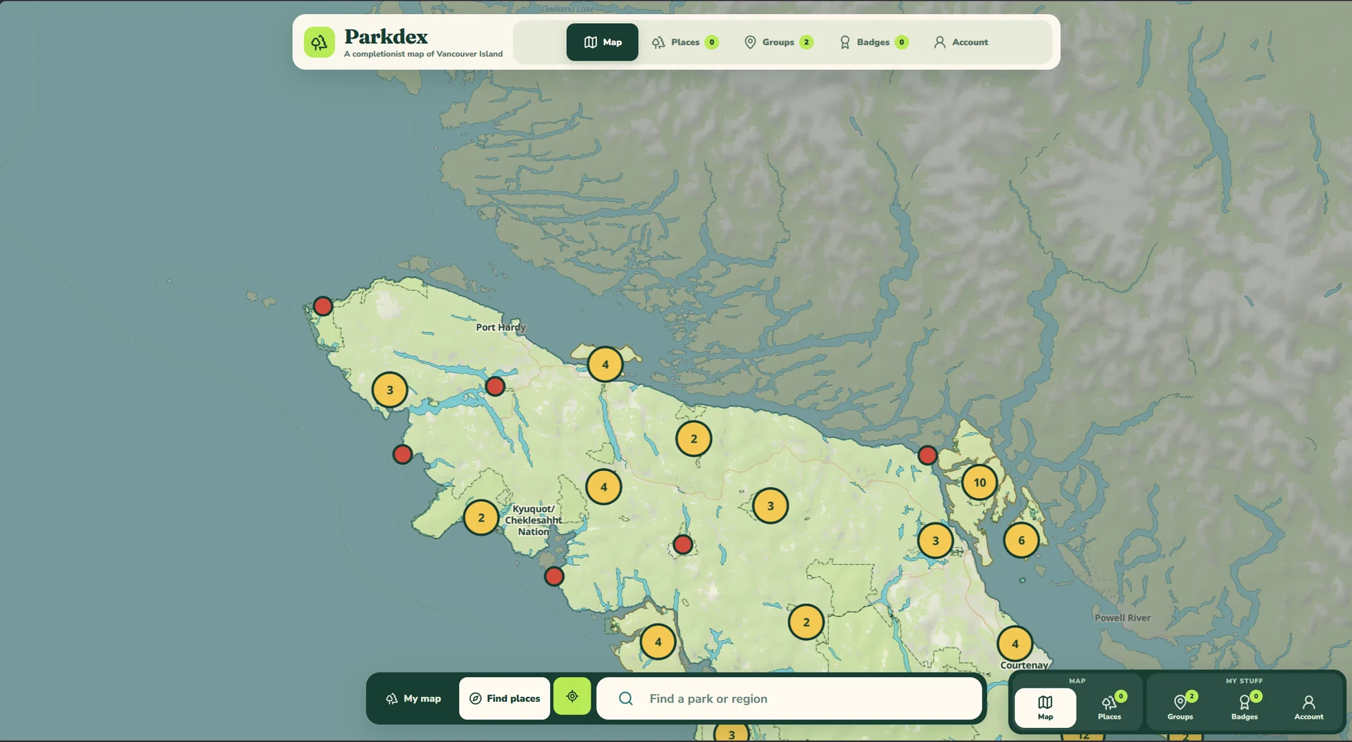 Parkdex map of parks across Vancouver Island