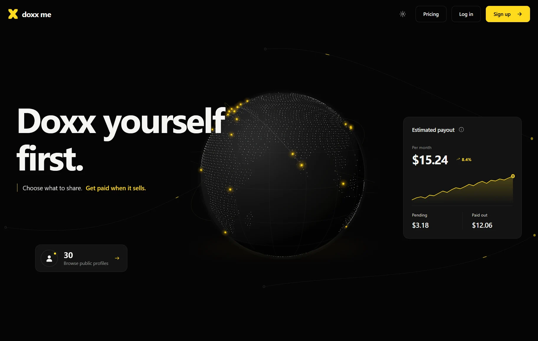 Doxxme landing page with a dark globe and yellow product accents